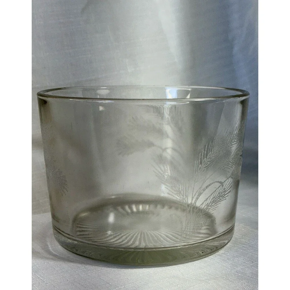Vintage Clear Glass Ice Bucket Engraved Wheat Scene Pressed Glass Starburst MCM